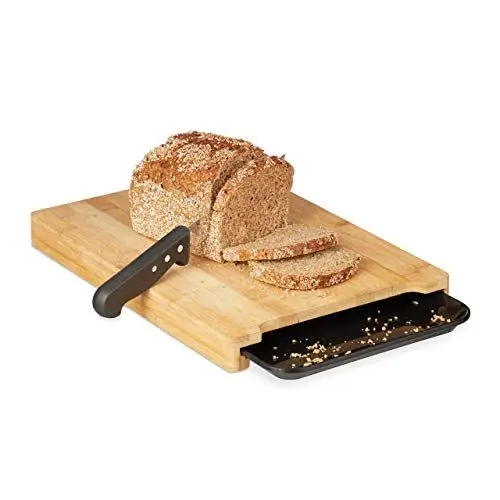 Produktbild: Relaxdays Schneidebrett mit Auffangschale, erhöhtes Bambus Brotbrett, Schublade aus Kunststoff, 3,5 x 38 x 26 cm, natur