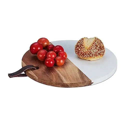 Produktbild: Relaxdays Schneidebrett rund, Marmor & Holz, Küchenbrett, H x D: 1,5 x 25 cm, Frühstücksbrett, zum Aufhängen, natur/weiß