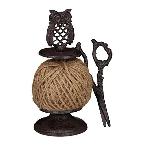 Produktbild: Relaxdays Schnurhalter Eule, Gusseisen, antiker Fadenhalter mit Schere & Pflanzschnur, Nostalgie Gartendeko, Dunkelbraun, 22.5 x 10 x 12 cm