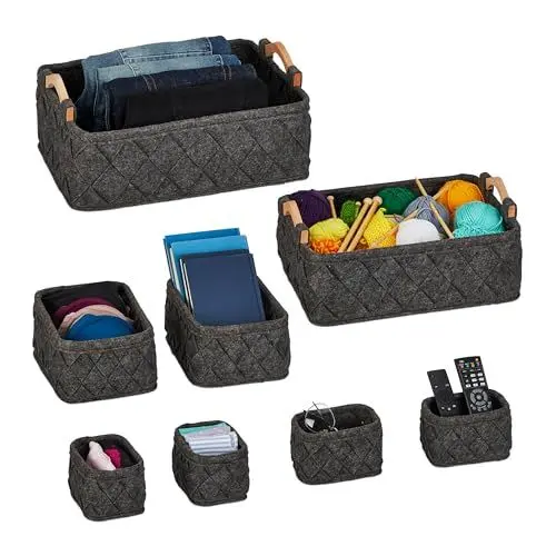 Produktbild: Relaxdays Schrank Organizer, 8-TLG, 4 Größen, Filz, Schubladen Ordnungssystem Kleiderschrank, Ordnungsboxen, dunkelgrau