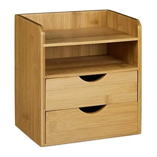 Produktbild: Relaxdays Schreibtisch-Organizer, 2 Ablagen, 2 Schubladen, HBT: 21 x 20 x 13cm, Briefablage fürs Büro, Bambus, natur
