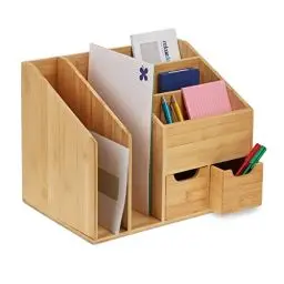 Produktbild: Relaxdays Schreibtisch-Organizer, 2 Schubladen, 5 Fächer, Brief- & Dokumentenablage, HBT 29 x 37 x 25 cm, Bambus, natur, Hellbraun