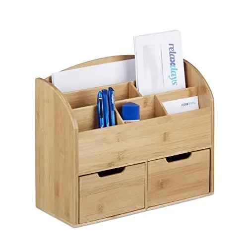 Produktbild: Relaxdays Schreibtisch-Organizer Bambus, Briefablage, 6 Fächer, 2 Schubladen, natürliche Maserung, H x B x T: 28 x 33 x 13,5 cm, natur