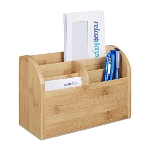 Produktbild: Relaxdays Schreibtisch-Organizer Bambus, Stifteablage, Briefablage, 5 Fächer, Maserung, HBT 15 x 23 x 10 cm, natur