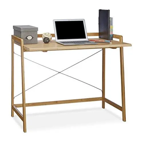 Produktbild: Relaxdays Schreibtisch Holz, moderner Computertisch mit Kreuzstrebe für Jugendliche, Bambus, HBT 80 x 98,5 x 59 cm, natur
