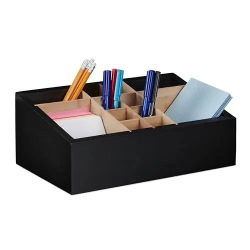 Produktbild: Relaxdays Schreibtisch Organizer, 12 Fächer, verstellbar, Bambus & MDF, Badorganizer, HBT 12 x 30 x 18 cm, schwarz/Natur