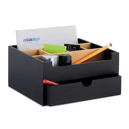 Produktbild: Relaxdays Schreibtisch Organizer, 1 Schublade, 6 Fächer, Bambus, HxBxT: 13x26x23,5 cm, Büro-Organisator, schwarz/Natur