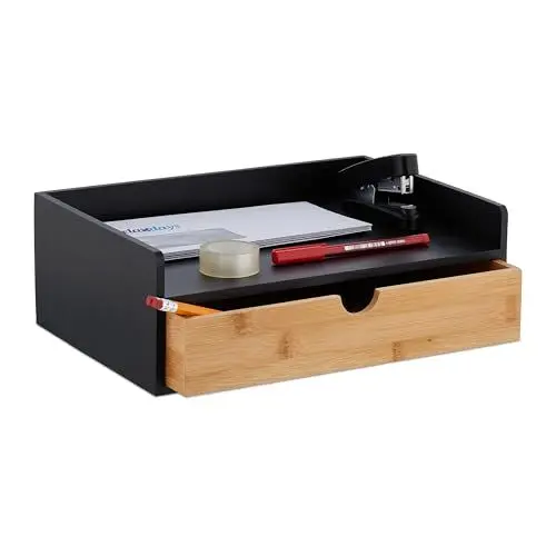 Produktbild: Relaxdays Schreibtisch Organizer, 1 Schublade, DIN A4 Ablage, Bambus, HBT: 11 x 32 x 22 cm, Büroorganizer, schwarz/Natur