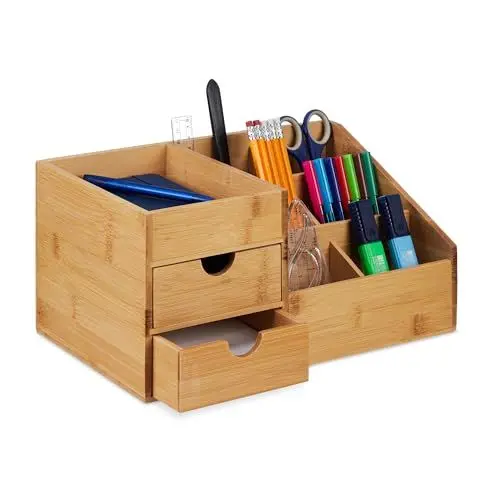 Produktbild: Relaxdays Schreibtisch Organizer, 2 Schubladen, 7 Fächer, HxBxT: 15,5 x 33 x 20,5 cm, Utensilienbox, Bambus, Natur