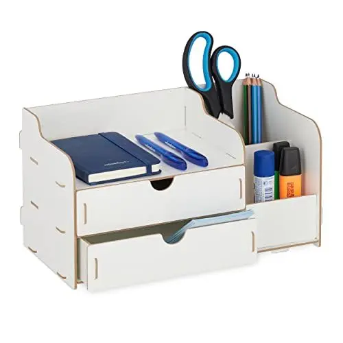 Produktbild: Relaxdays Schreibtisch Organizer, 2 Schubladen & 3 Fächer, Stiftehalter MDF, HBT: 17 x 33 x 19 cm, Büroorganizer, weiß