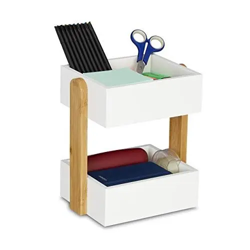 Produktbild: Relaxdays Schreibtisch Organizer, 2 offene Fächer, Bambus & MDF, Aufbewahrungsbox Büro, HxBxT: 25 x 22,5 x 16,5 cm, weiß