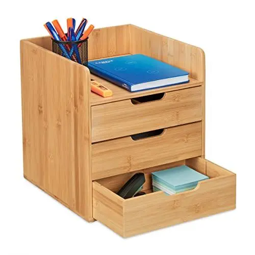 Produktbild: Relaxdays Schreibtisch Organizer, 3 Schubladen, Ablage Büroutensilien, HBT: 33 x 30 x 31 cm, Bambus Schubladenbox, natur