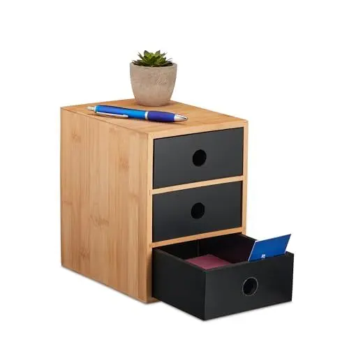 Produktbild: Relaxdays Schreibtisch Organizer, 3 Schubladen, Bambus & MDF, Schreibtischbutler Büro, HBT: 21x15x20 cm, Natur/schwarz, Faserplatte, 21 x 15 x 20 cm