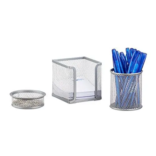 Produktbild: Relaxdays Schreibtisch Organizer 3er Set Metall, Schreibtisch-Set, Büroset Mesh, Zettelbox, zwei Köcher, silber, 13.5 x 10.5 x 10 cm