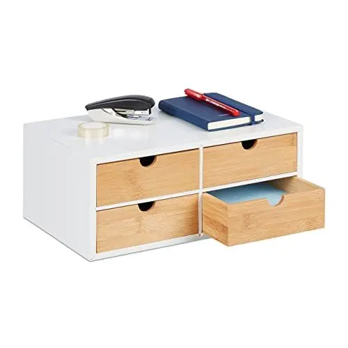 Produktbild: Relaxdays Schreibtisch Organizer, 4 Schubladen, für Büroutensilien, HxBxT: 14 x 33 x 21 cm, Bambus & MDF, weiß/natur