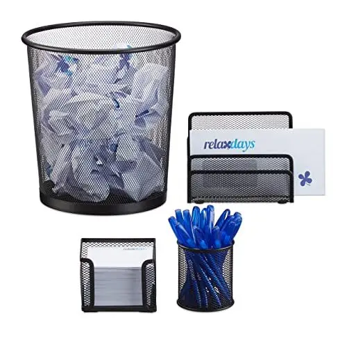 Produktbild: Relaxdays Schreibtisch Organizer 4er Set Metall, Schreibtisch-Set, Ablage, Zettelbox, Stifteköcher, Mülleimer, schwarz