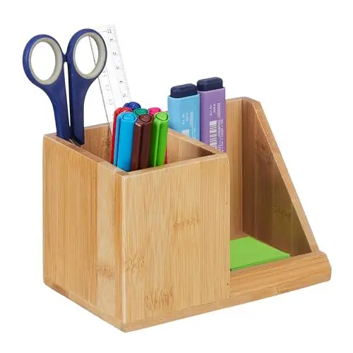 Produktbild: Relaxdays Schreibtisch Organizer, Bambus, 2 Fächer, für Bürobedarf & Kosmetik, Stiftebox, HBT: 10,5x17,5x10,5 cm, natur