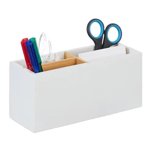 Produktbild: Relaxdays Schreibtisch Organizer, Bambus, 4 Fächer, für Bürobedarf & Kosmetika, Stiftehalter, HBT: 8 x 21 x 9 cm, weiß