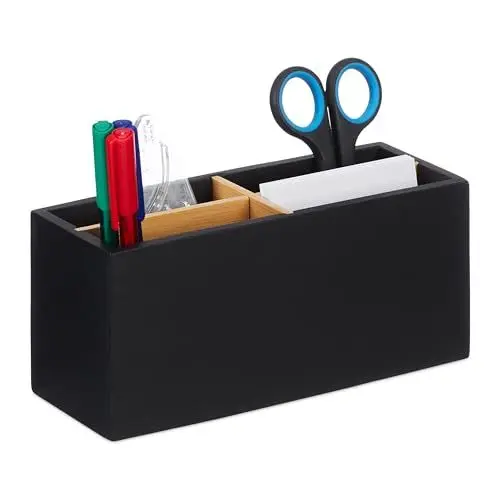 Produktbild: Relaxdays Schreibtisch Organizer, Bambus, 4 Fächer, für Bürobedarf & Kosmetika, Stiftehalter, HBT: 8x21x9 cm, schwarz