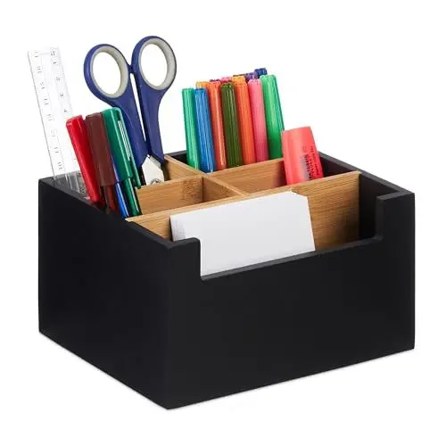 Produktbild: Relaxdays Schreibtisch Organizer, Bambus, 5 Fächer, für Bürobedarf & Kosmetik, Stiftebox, HBT: 9,5 x 18 x 15 cm, schwarz