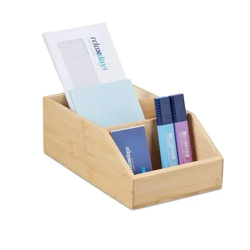Produktbild: Relaxdays Schreibtisch Organizer, Bambus Ordnungssystem, 3 Fächer, H x B x T: 9 x 15,5 x 25,5 cm, Schreibtischbox, Natur