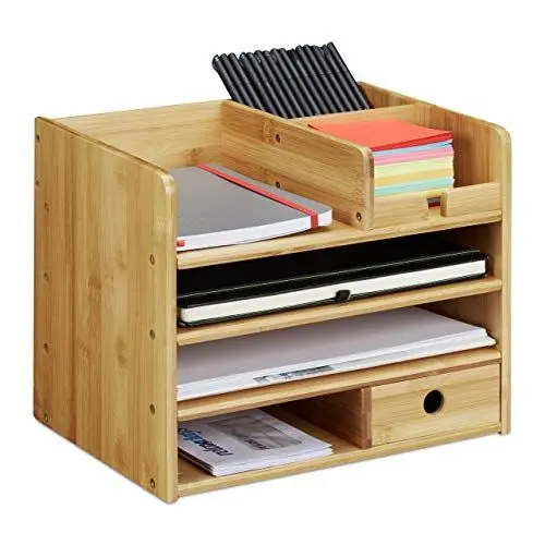 Produktbild: Relaxdays Schreibtisch Organizer, Briefablage A4, Notizzettel und Stifte ordnen, Schublade, Ordnungssystem Büro, Bambus, H x B x T: ca. 26 x 33 x 24 cm, Natur