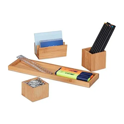 Produktbild: Relaxdays Schreibtisch Organizer, Büro Set 4-teilig, Stiftehalter, Ablage, Briefhalter, Utensilien Schale, Bambus, Natur