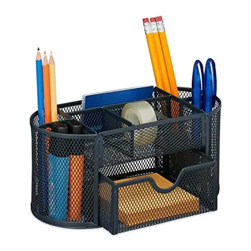 Produktbild: Relaxdays Schreibtisch Organizer, Büroorganisator mit Stiftehalter & Schublade, Metall, HBT: 10,5 x 22 x 11cm, anthrazit
