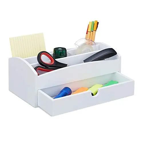 Produktbild: Relaxdays Schreibtisch Organizer, Büroorganizer aus Bambus, mit Fächern und Schublade, Büro, HBT 11 x 27,5 x 15 cm, weiß