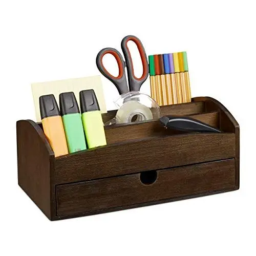 Produktbild: Relaxdays Schreibtisch Organizer, Büroorganizer aus Bambus, mit Schublade u. Fächern, HBT 11 x 27,5 x 15 cm, Dunkelbraun, Dark Brown