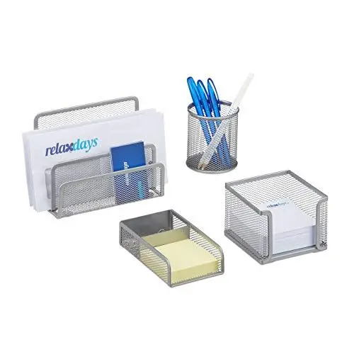 Produktbild: Relaxdays Schreibtisch Organizer Set 4-teilig, Mesh Metall Zubehör mit Briefablage, Stiftehalter und Zettelbox, silber, 14.5 x 17.5 x 13.5 cm