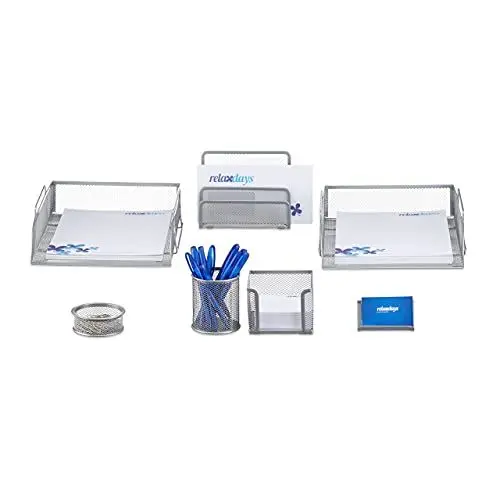 Produktbild: Relaxdays Schreibtisch Organizer Set, 7-teilig, Metall, Schreibtisch-Set, Briefablage, Zettelbox, Stifteköcher, silber, 35.5 x 27.5 x 9 cm