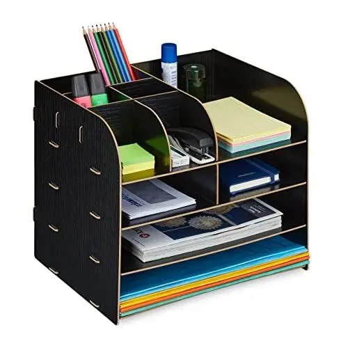 Produktbild: Relaxdays Schreibtisch Organizer mit Dokumentenablage, 10 Fächer, HBT: 27,5 x 32,5 x 25 cm, Büroorganizer MDF, schwarz