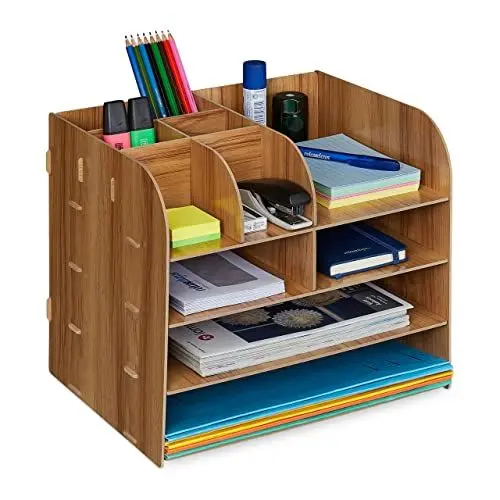Produktbild: Relaxdays Schreibtisch Organizer mit Dokumentenablage, 10 Fächer, HBT: 27,5 x 32,5 x 25 cm, Büroorganizer, dunkelbraun