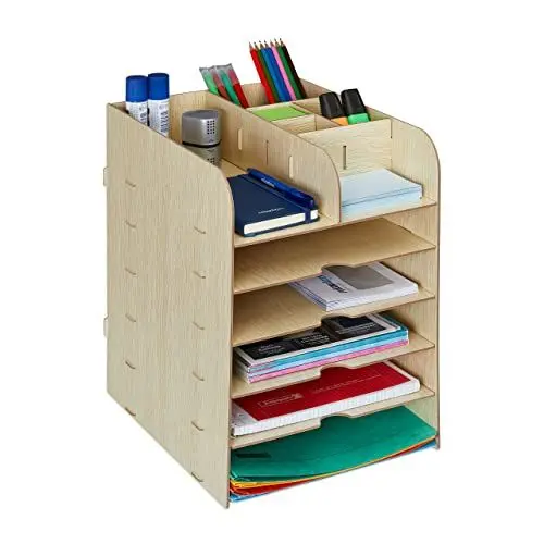 Produktbild: Relaxdays Schreibtisch Organizer mit Dokumentenablage, 12 Fächer, HBT: 34,5 x 25 x 32 cm, Büroorganizer MDF, hellbraun