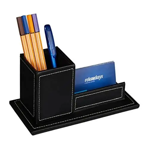 Produktbild: Relaxdays Schreibtisch Organizer mit Stiftebecher & Visitenkartenhalter, Kunstleder, HBT: 10,5 x 20 x 10 cm, schwarz
