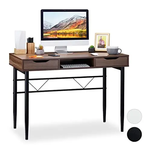Produktbild: Relaxdays Schreibtisch mit Schubladen und Ablage, modern, Metallgestell, Büroschreibtisch HBT 77x110x55cm, braun-schwarz