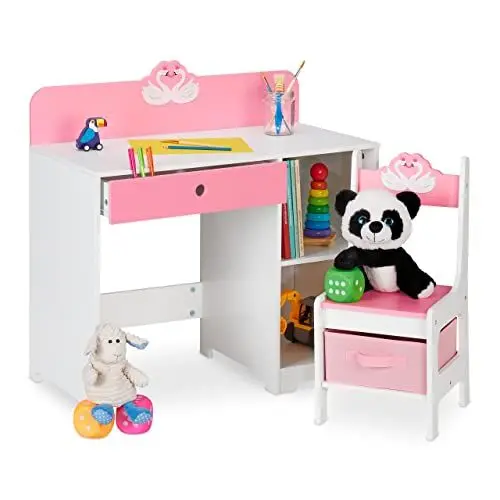 Produktbild: Relaxdays Schreibtisch und Stuhl für Kinder, Schublade & 2 offene Fächer, Schwan-Motiv, Kinderzimmermöbel, rosa/weiß