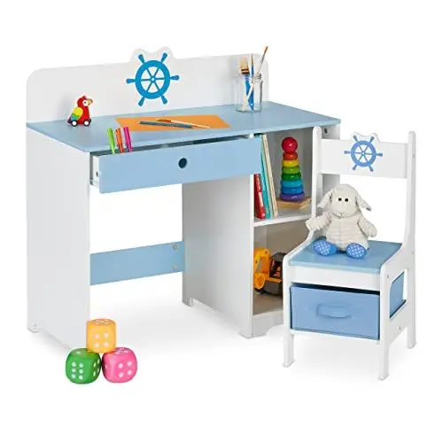 Produktbild: Relaxdays Schreibtisch und Stuhl für Kinder, Schublade & 2 offene Fächer, Seefahrt-Motiv, Kinderzimmermöbel, blau/weiß