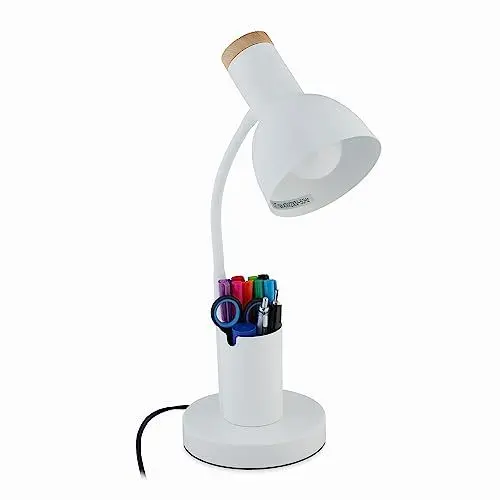 Produktbild: Relaxdays Schreibtischlampe, Stifthalter, Metalltischleuchte, HBT: 46,5 x 14,5 x 17 cm, E27, Bürolampe mit Kabel, weiß