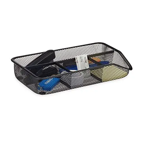 Produktbild: Relaxdays Schreibtischorganizer 4 Ablagen, kleiner Büroorganizer, Metallgeflecht, flacher Schubladenorganizer, schwarz, 16 x 27.5 x 4.8 cm