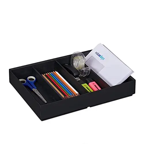Produktbild: Relaxdays Schreibtischorganizer, 4 Fächer, Bambusbox stapelbar, multifunktional, HxBxT: ca. 6,5 x 35 x 26 cm, anthrazit, Design D