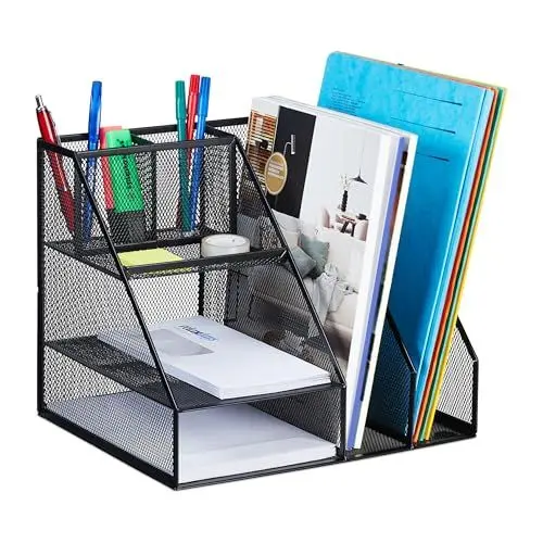 Produktbild: Relaxdays Schreibtischorganizer 7 Fächer, Stiftablage Metall, H x B x T: 26 x 31 x 25,5 cm, Büro Organizer, Mesh, schwarz