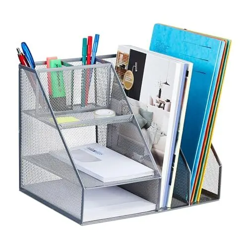Produktbild: Relaxdays Schreibtischorganizer 7 Fächer, Stiftablage Metall, H x B x T: 26 x 31 x 25,5 cm, Büro Organizer, Mesh, silber