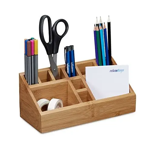 Produktbild: Relaxdays Schreibtischorganizer Bambus, Stifteköcher, 10 Fächer, natürliche Maserung, HxBxT: 10 x 23 x 10 cm, natur