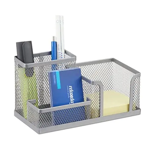 Produktbild: Relaxdays Schreibtischorganizer, Büroablage mit Stiftehalter und Zettelhalter, Metall Mesh, HBT: 10x18,5x9,5cm, silber