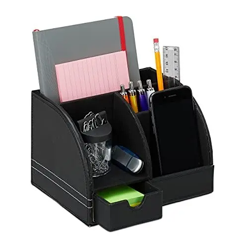 Produktbild: Relaxdays Schreibtischorganizer Kunstleder, Büro Organizer mit Schublade, 4 Fächer, Stiftehalter, 13x19x15 cm, schwarz