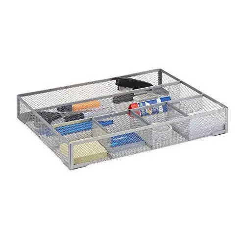 Produktbild: Relaxdays Schreibtischorganizer groß, rutschfeste Ablagebox mit 6 Fächern, Metall Mesh, HxBxT: 6 x 38 x 30 cm, silber