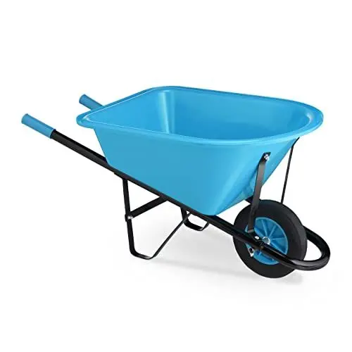 Produktbild: Relaxdays Schubkarre für Kinder, Metall, mit Kunststoffwanne, belastbar bis 10 kg, Kinderschubkarre Garten, blau/schwarz, Kunststoff, 41 x 43,5 x 85 cm