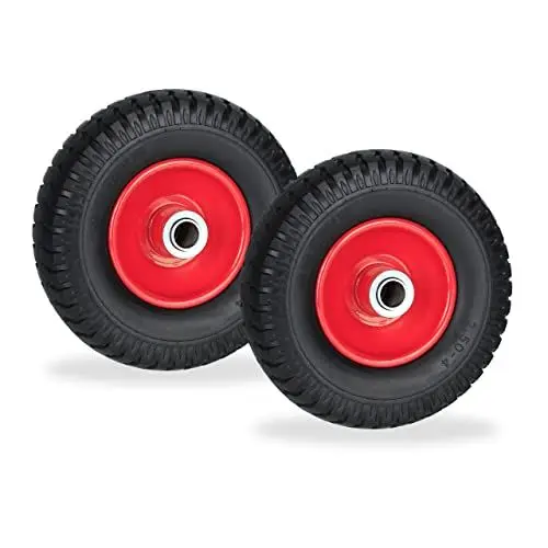 Produktbild: Relaxdays Schubkarrenrad 2.50-4, 2er Set, Vollgummi, Stahlfelge, Ersatzrad Schubkarre, pannensicher, 80 kg, schwarz/rot